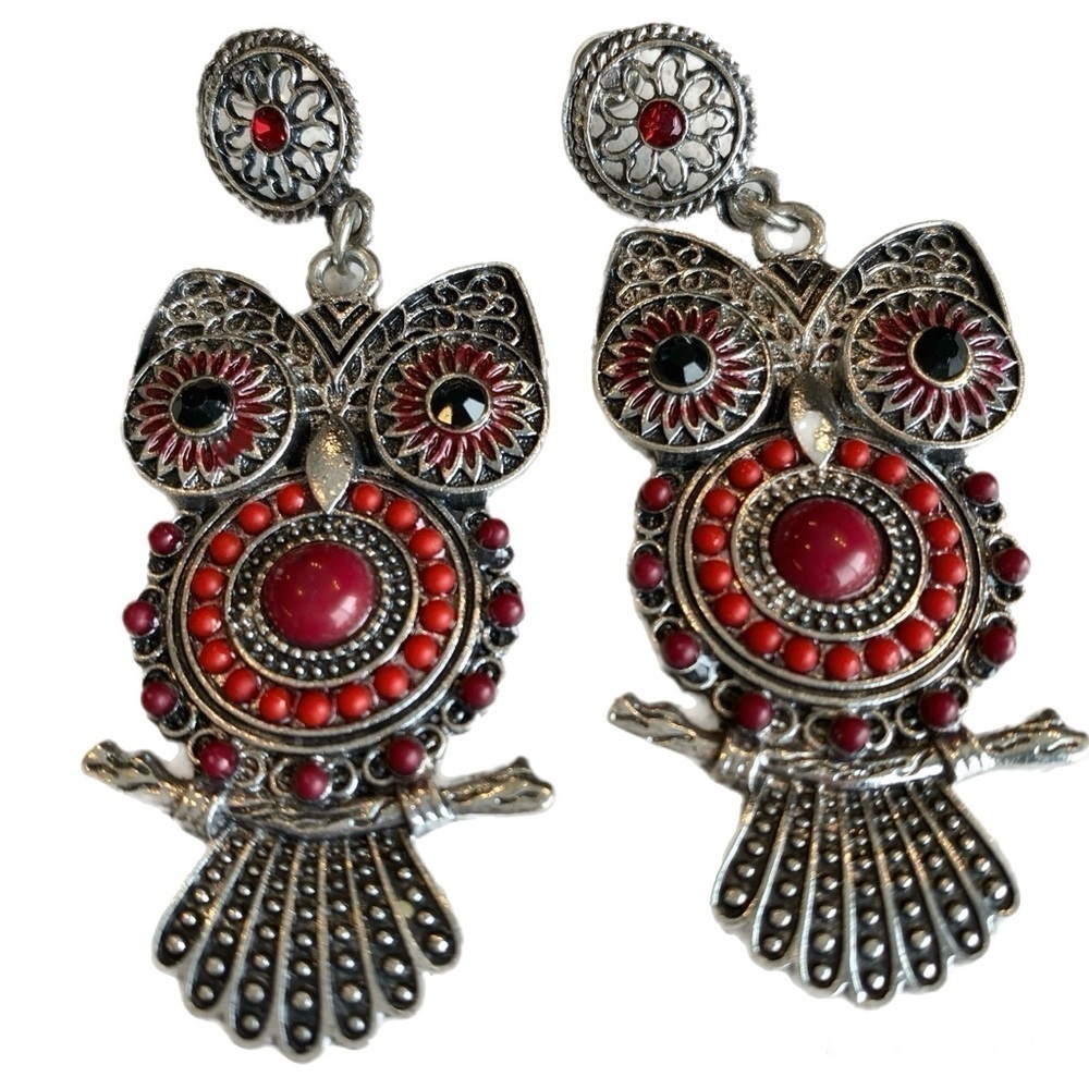 Silver Owl Earrings Red Boho Bohemian Moroccan Style